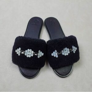 Tory Burch Aspen crystal slides sandals size 8 slipon fur black blue flip flops
